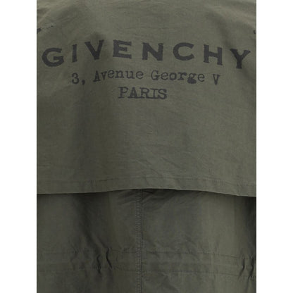 Close-up of Givenchy Bicolor Cotton Clothing label on parka jacket with iconic monogram and adjustable features for modern style.