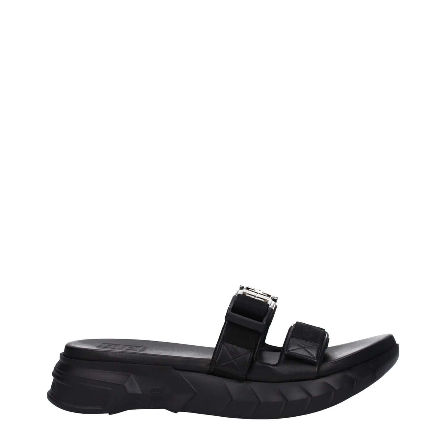 Givenchy Black Fabric Slippers with silver logo, open toe, and rubber sole. Featured mid heels with a 4 cm height.