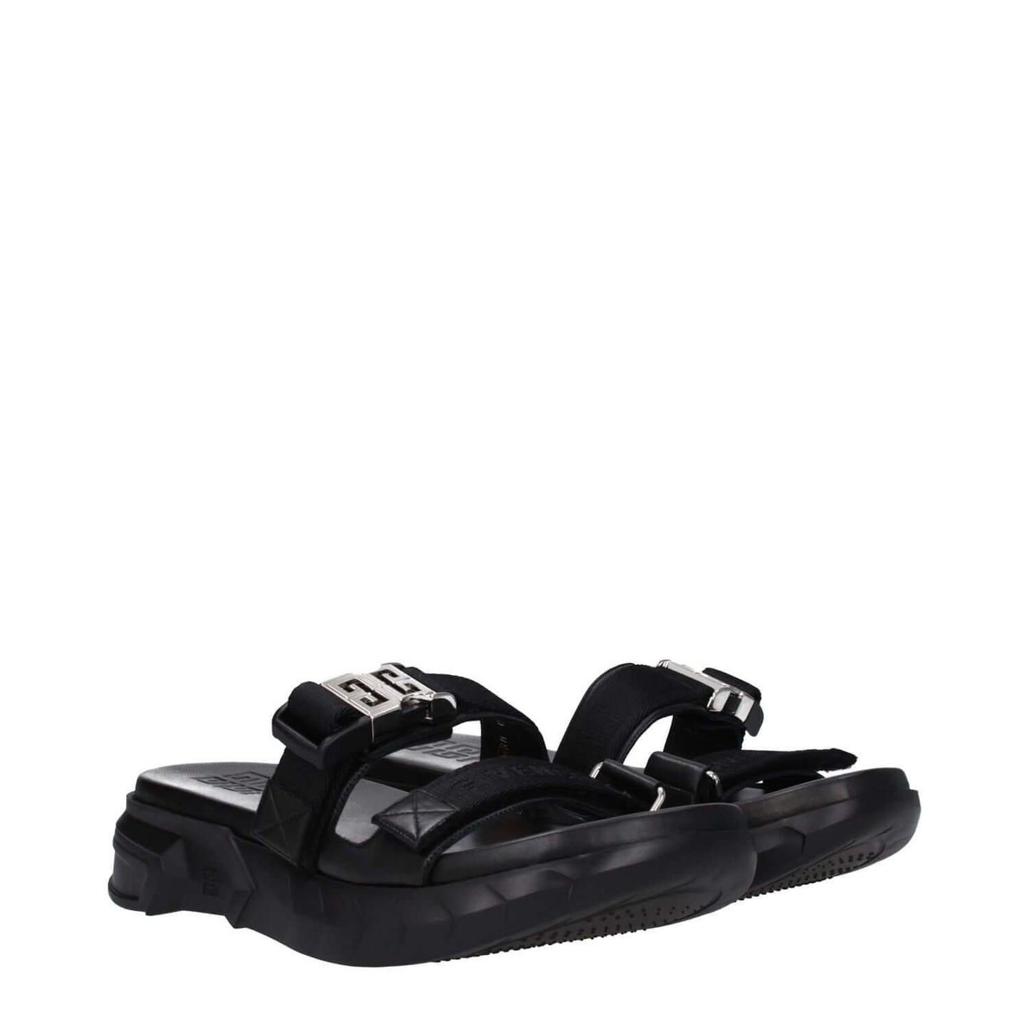 Givenchy Black Fabric Slippers with silver front logo, open toe, clips closure, mid heels, and rubber sole, MPN BH301QH1A2001.