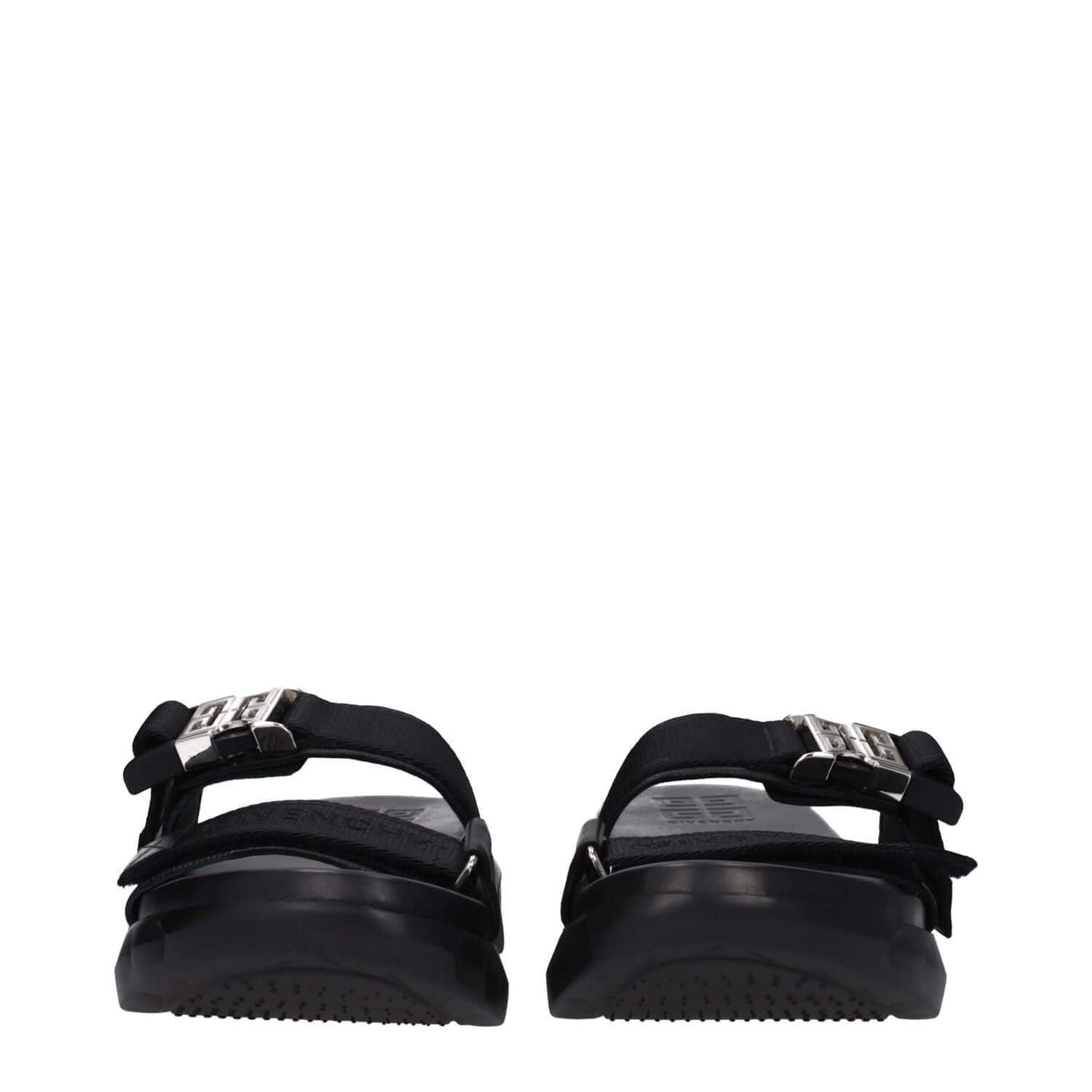 Back view of Givenchy Black Fabric Slippers with silver clips closure and open toe design, featuring a rubber sole and mid heel.