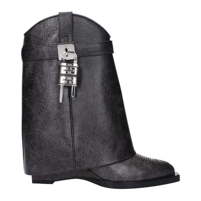 Givenchy Black Leather Ankle Boots with vintage effect and wedge heel, featuring silver side detail and logo, MPN BE6048E1WZ001.