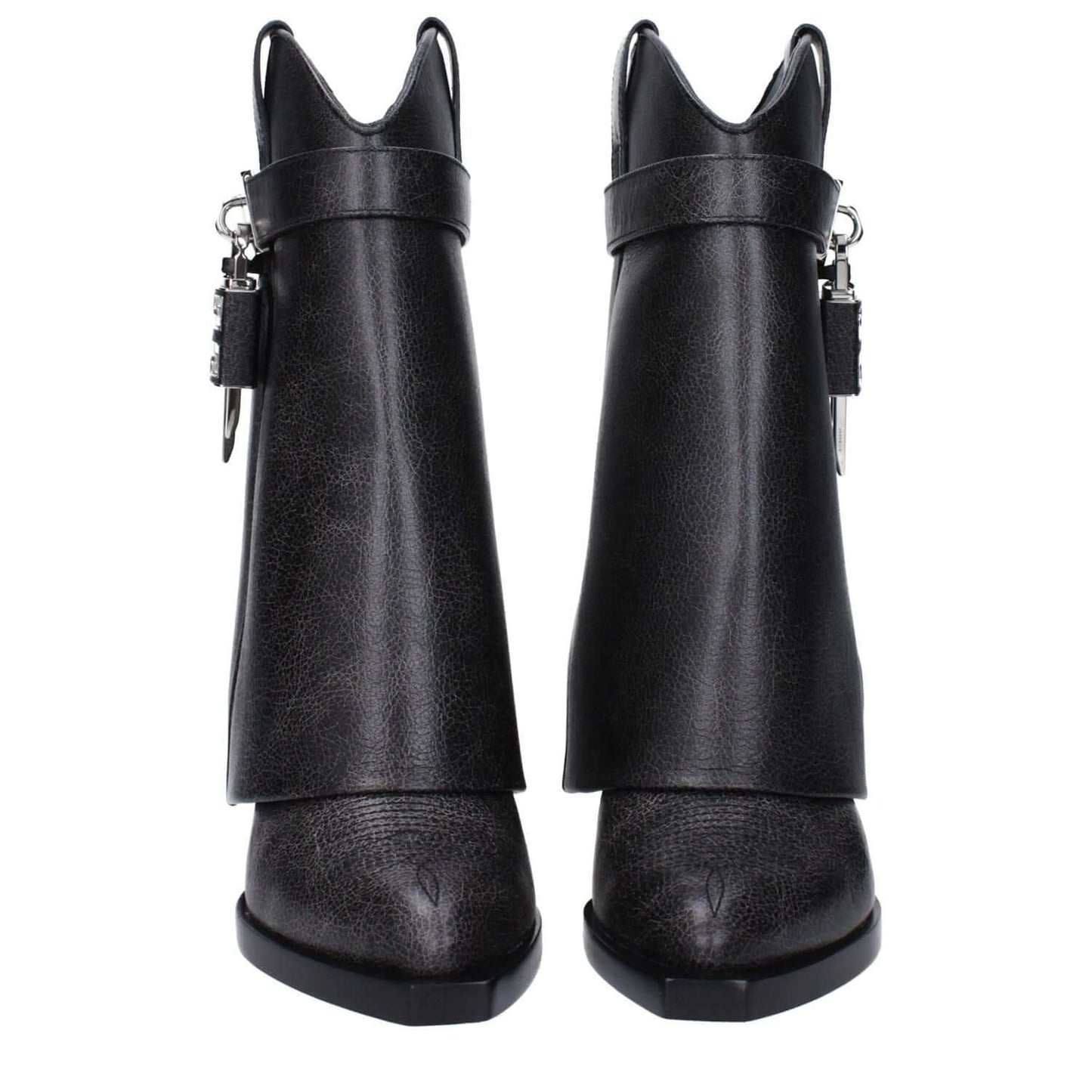 Givenchy Black Leather Ankle Boots with vintage effect, aged look, silver side detail, and wedge heel; MPN BE6048E1WZ001.