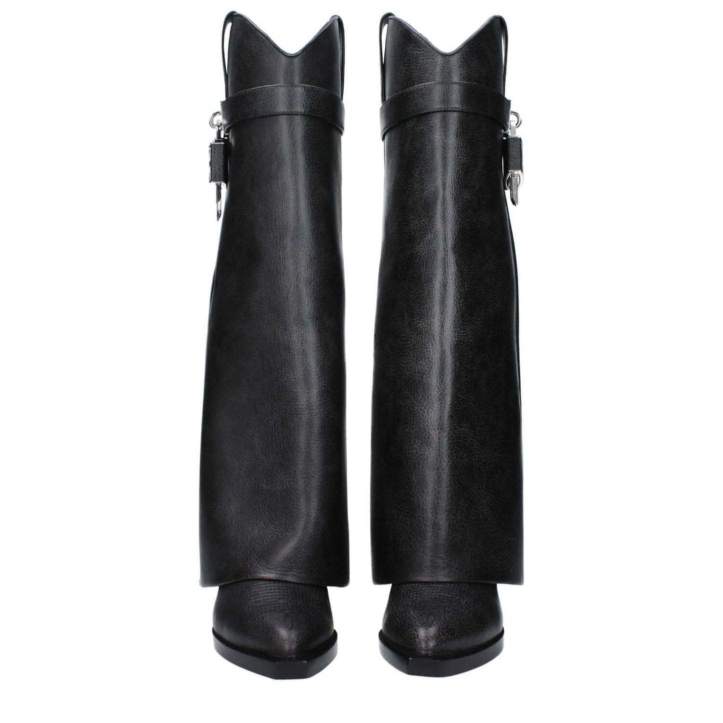 Givenchy Black Leather Boots with vintage effects and side logo, showcasing wedge heel and pointy toe design. MPN: BE702YE1WZ001.