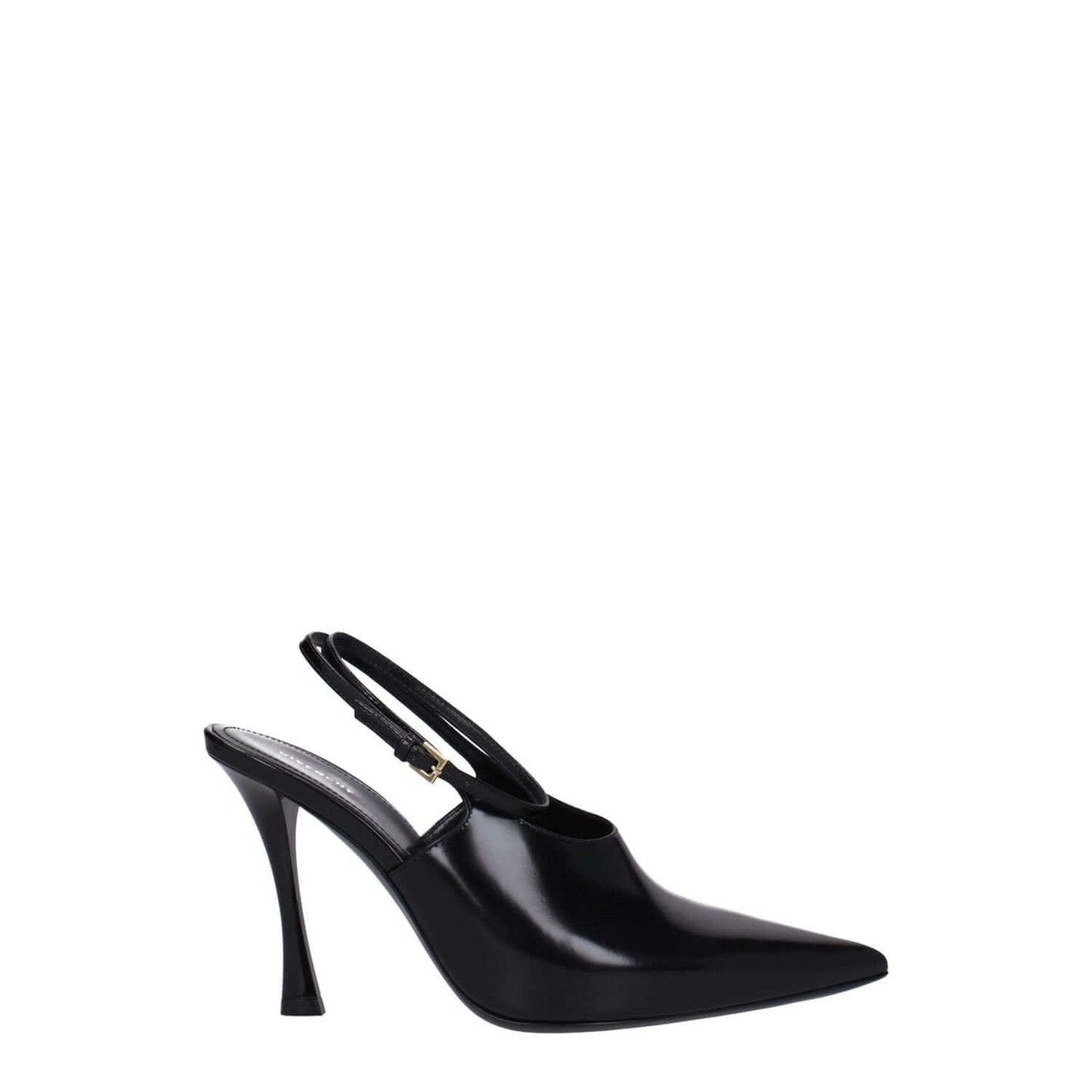 Givenchy Black Leather High Heel Pumps with gold buckle closure, pointy toe, leather sole, and 9.5 cm stiletto heel.