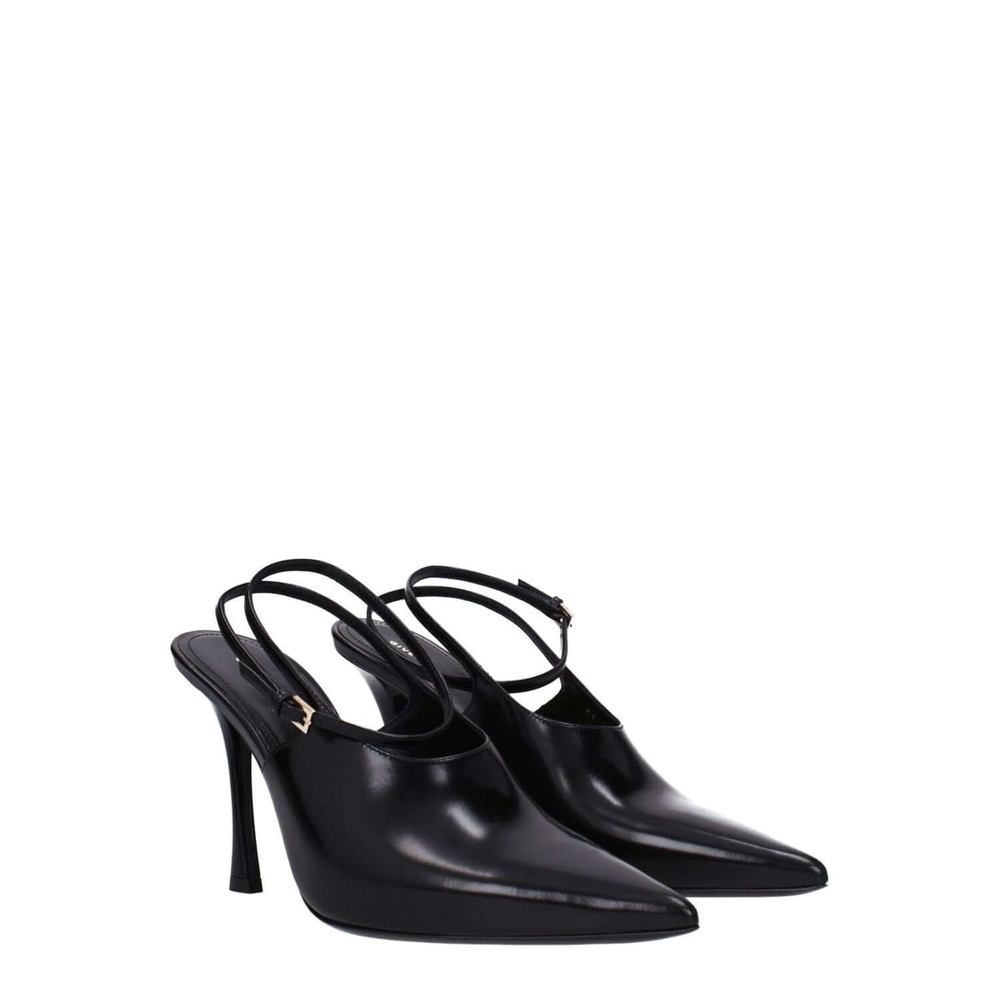 Givenchy Black Leather High Heel Pumps with pointy toe and buckle closure, stylish design, nine and a half cm heel, elegant footwear.