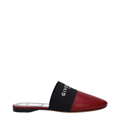 Givenchy Red Leather Slippers with front logo, casual style, low flat heel, and cherry color accents.