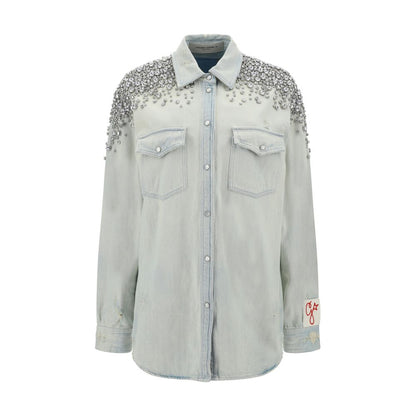 Golden Goose Blue Denim Shirt with classic collar, pearl snap buttons, front patch pockets, beaded appliqués, oversize fit, 100% cotton.