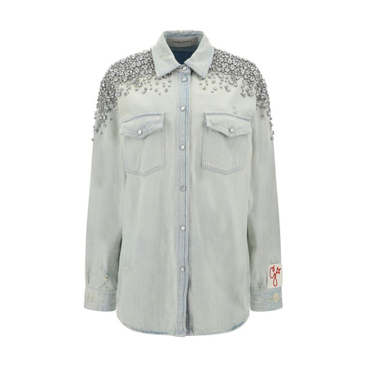 Golden Goose Blue Denim Shirt with classic collar, pearl snap buttons, front patch pockets, beaded appliqués, oversize fit, 100% cotton.