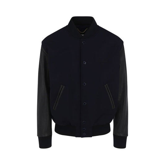 Golden Goose Blue Wool Bomber with ribbed collar and snap button closure.