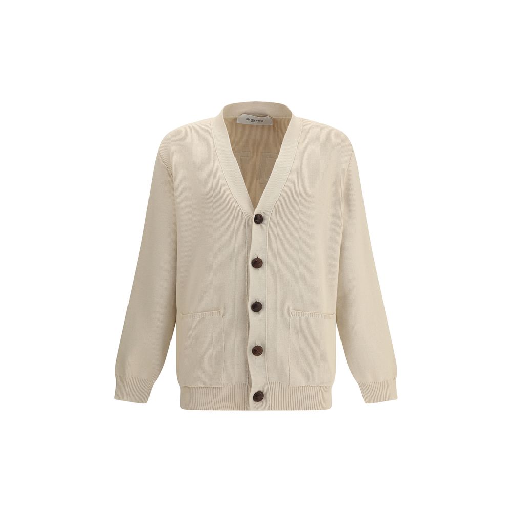 Golden Goose Cream Cotton Cardigan with front buttons and patch pockets, AW25 collection, sustainable fashion with ribbed cuffs and hem.