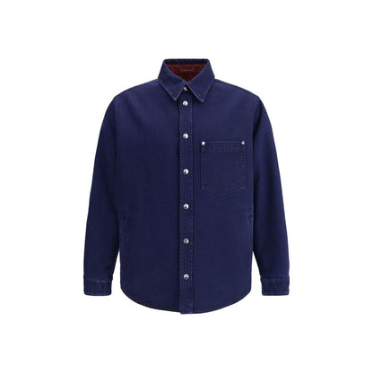 Gucci Blue Denim Shirt with metal buttons, reversible design featuring red and blue GG flannel, and an embossed Gucci label, AW25 collection.