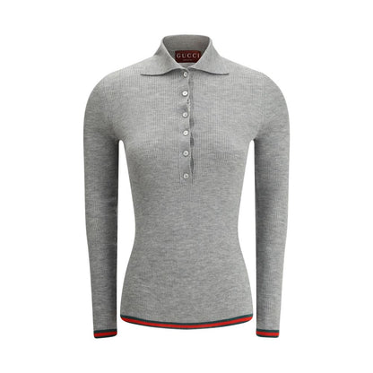 Gucci Gray Cashmere Top, elegant cashmere polo sweater with ribbed design, classic collar, tone-on-tone buttons, brand's iconic bands.