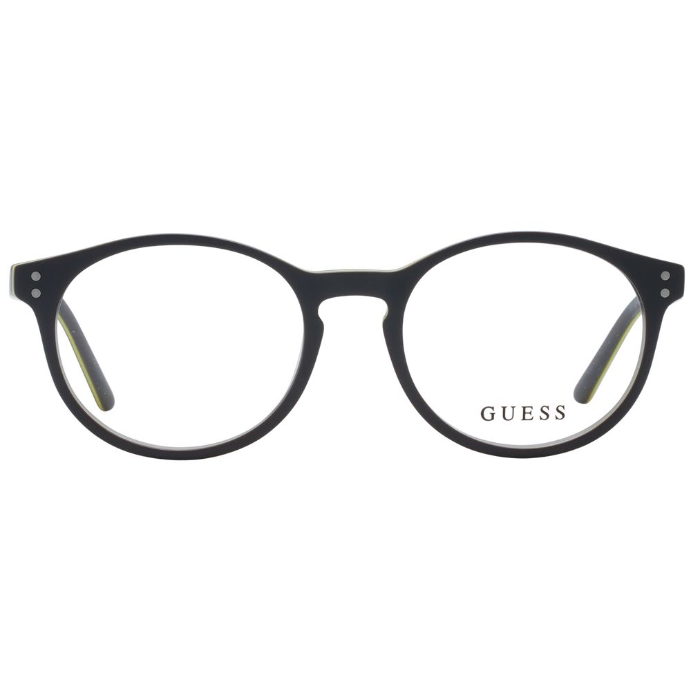 Guess Gray Unisex Glasses Frame, full-rim plastic, round style with demo lenses, includes branded case, size 47-17-140.