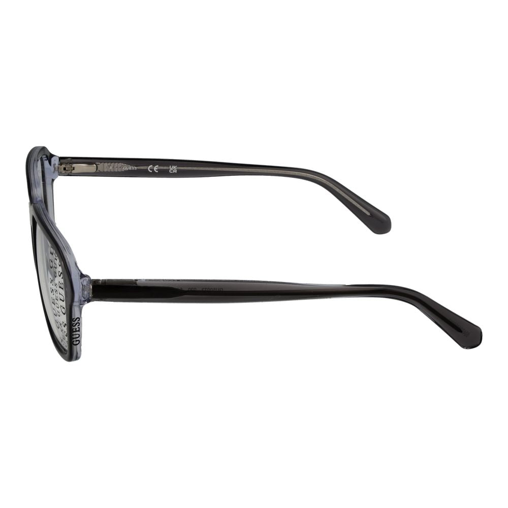 Side view of Guess Gray Women Glasses Frame showcasing full-rim design, grey plastic material, and square style with spring hinge.