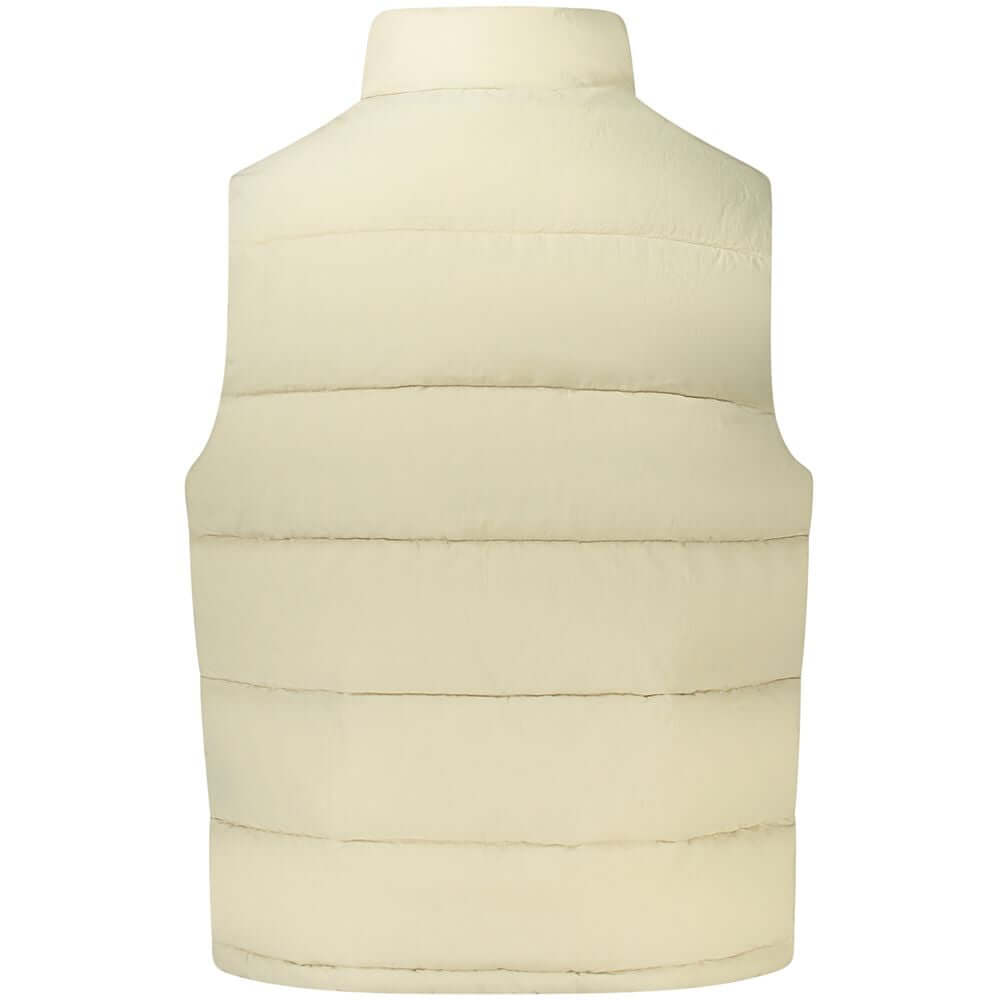 Back view of Guess Jeans Beige Polyamide Men Jacket showcasing its sleeveless design and water-resistant fabric.