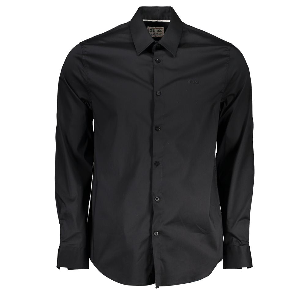Guess Jeans Black Cotton Shirt with long sleeves, slim fit, Italian collar, and logo embroidery.