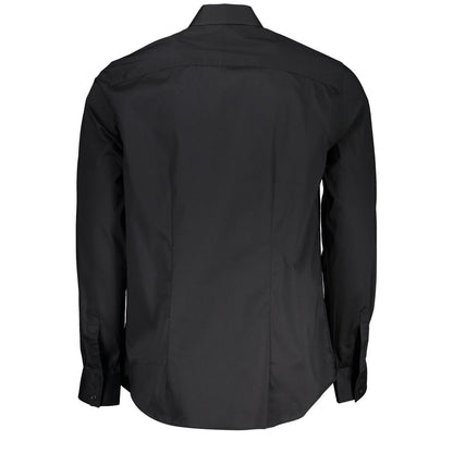 Back view of Guess Jeans Black Cotton Shirt with long sleeves, slim fit, Italian collar, organic cotton material.