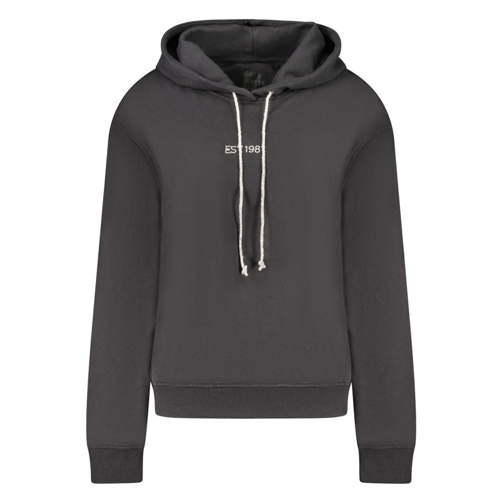 Guess Jeans Black Cotton Women Sweater with hood and rhinestones, featuring bold contrasting details for a trendy statement look.