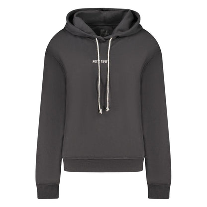Guess Jeans Black Cotton Women Sweater with hood and rhinestones, featuring bold contrasting details for a trendy statement look.