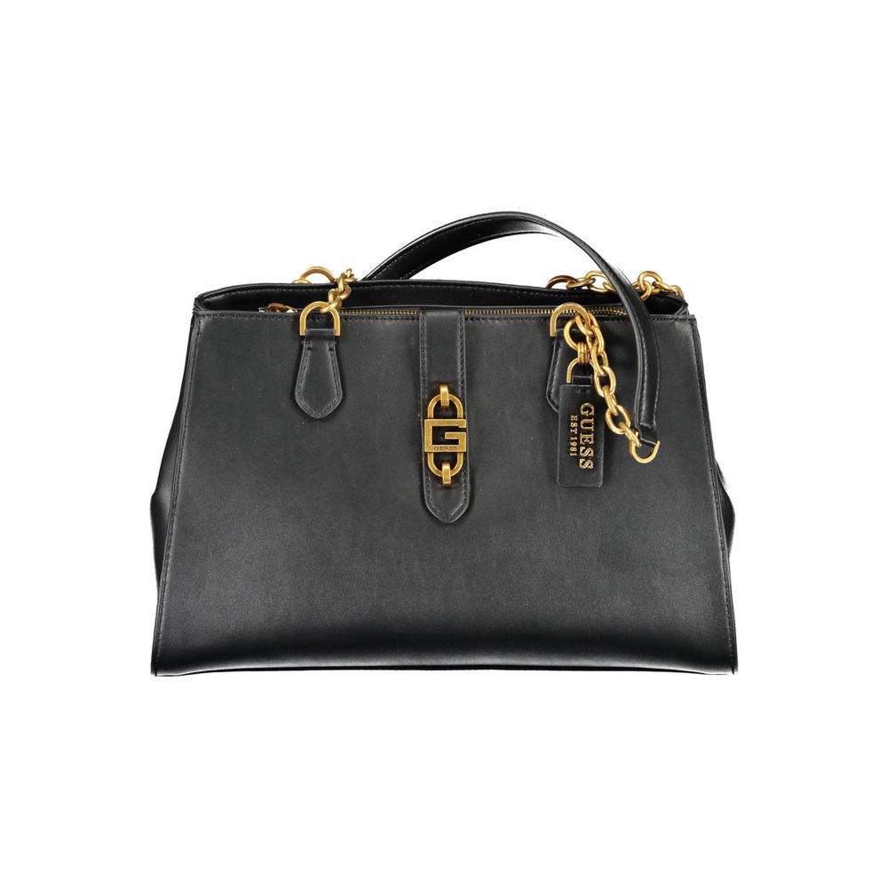 Guess Jeans Black Polyethylene Women Handbag with gold accents, dual compartments, and stylish design for versatile carrying options.