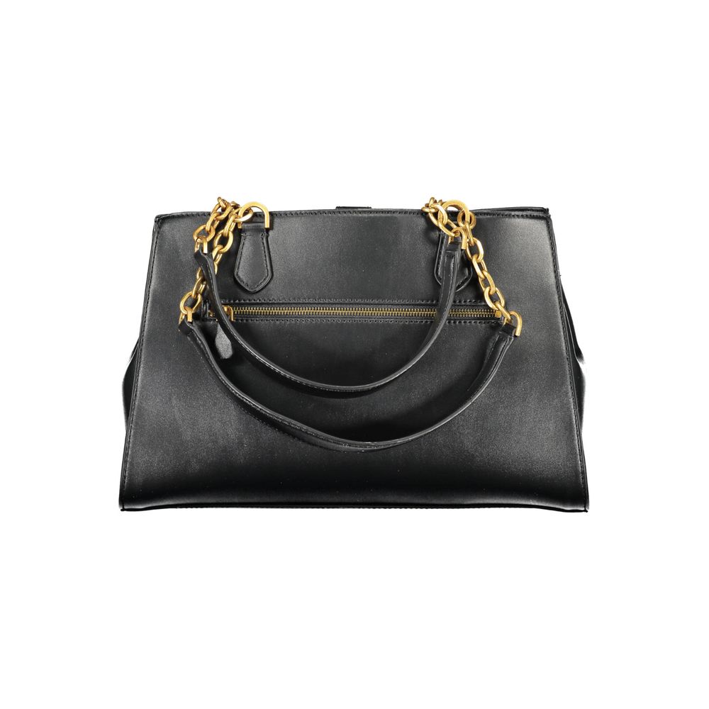 Guess Jeans Black Polyethylene Women Handbag with gold chain details and double handles, stylish and practical with multiple compartments.