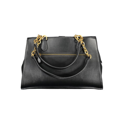 Guess Jeans Black Polyethylene Women Handbag with gold chain details and double handles, stylish and practical with multiple compartments.