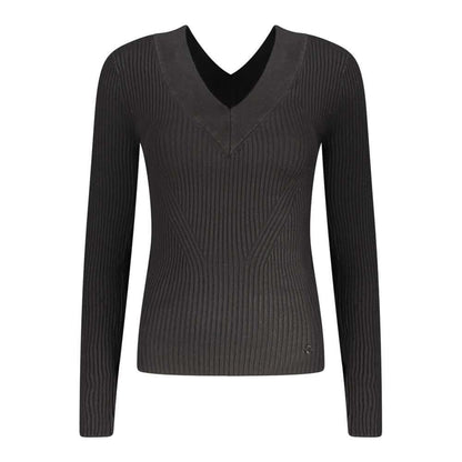Guess Jeans Black Viscose Sweater with V-neck and contrasting details, long sleeves, featuring logo design.