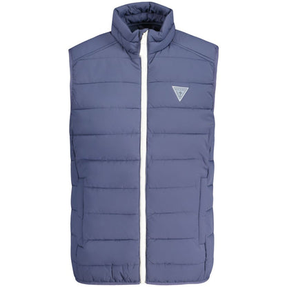 Guess Jeans Blue Spandex Men Jacket - Stylish and durable sleeveless jacket with logo and zip, perfect for a bold fashion statement.