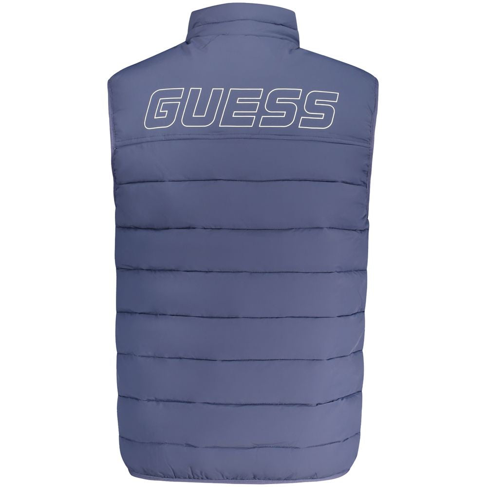 Guess Jeans Blue Spandex Men Jacket with logo on the back, sleeveless design, and zipper, perfect for stylish and practical fashion.