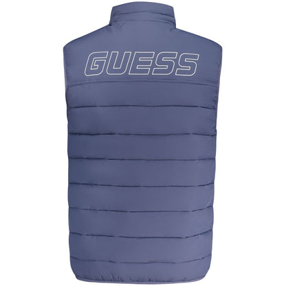 Guess Jeans Blue Spandex Men Jacket with logo on the back, sleeveless design, and zipper, perfect for stylish and practical fashion.