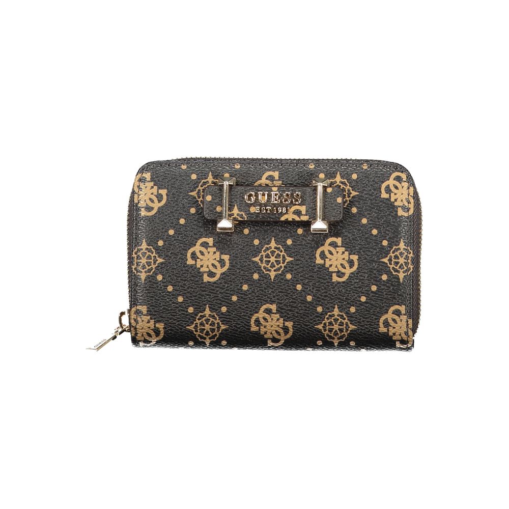 Guess Jeans Brown Polyethylene Wallet with zipper, coin purse, double card spaces, and logo design.