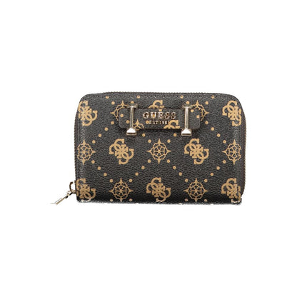 Guess Jeans Brown Polyethylene Wallet with zipper, coin purse, double card spaces, and logo design.