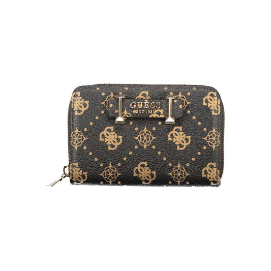 Guess Jeans Brown Polyethylene Wallet with zipper, coin purse, double card spaces, and logo design.
