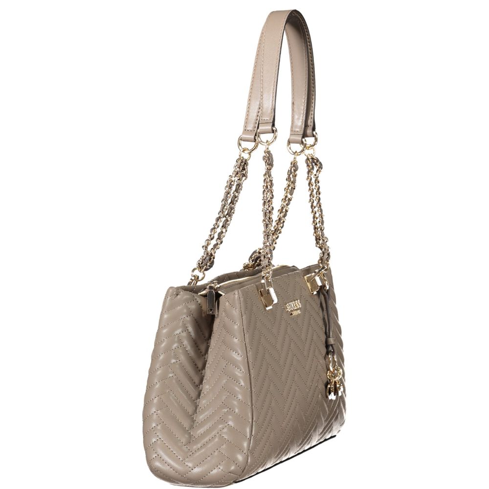 Guess Jeans Brown Polyethylene Women Handbag with dual chain shoulder handles, chic design, and multiple compartments.