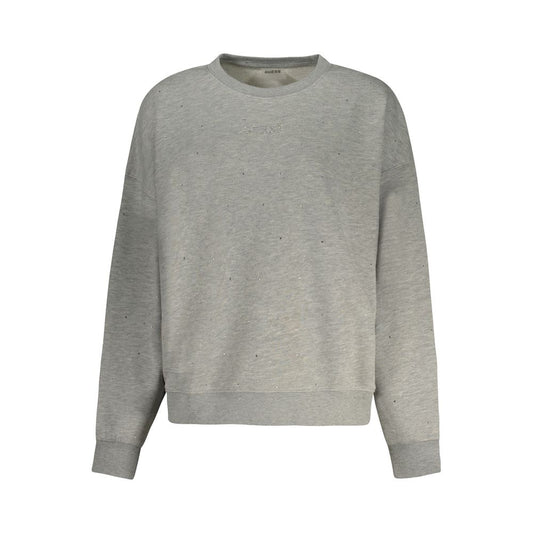 Front view of Guess Jeans Gray Cotton Women Sweater with crew neck and long sleeves, featuring a soft brushed fabric for cozy comfort.