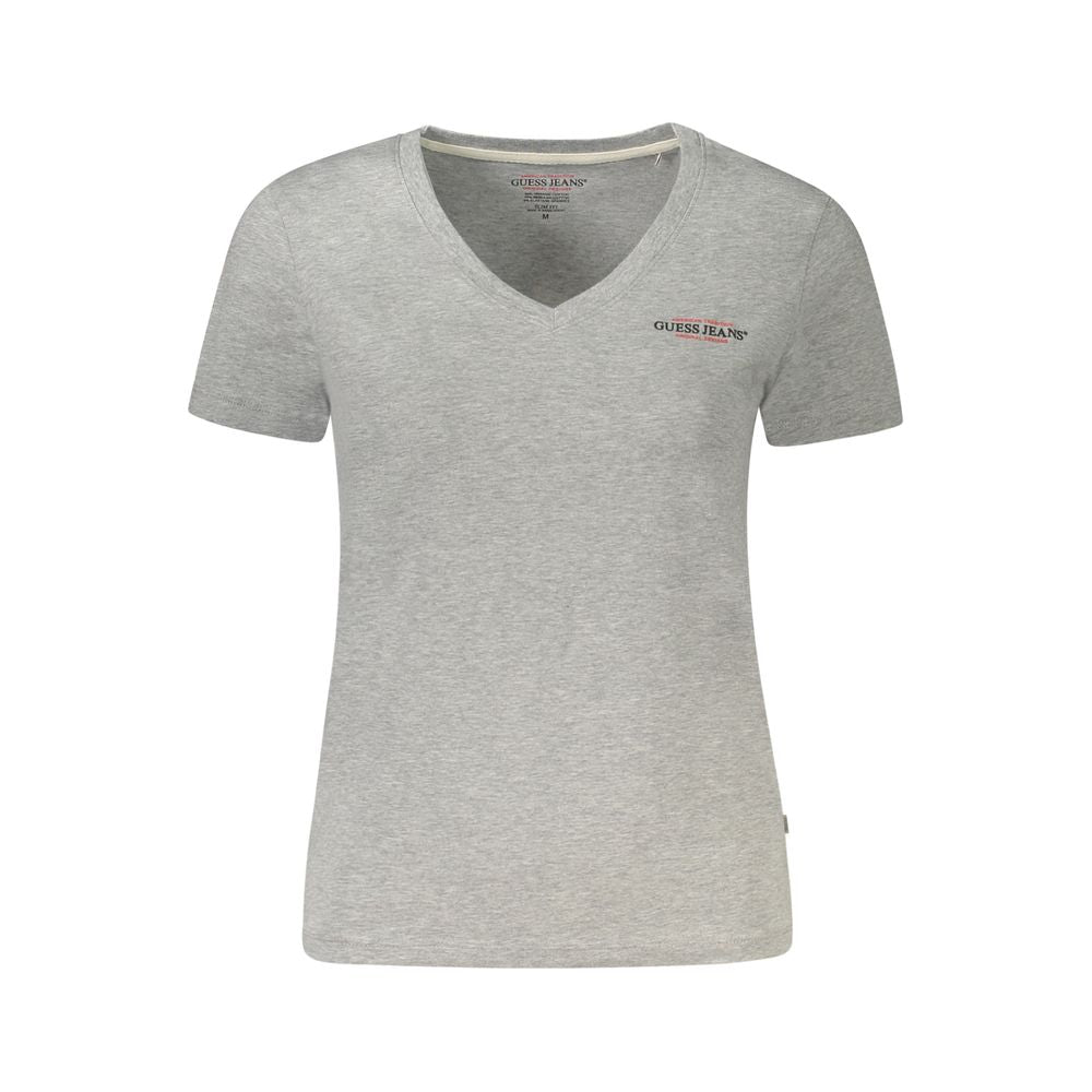 Guess Jeans Gray Cotton Women Top with V-neck and logo, made from organic cotton and spandex for a stylish and comfortable fit.
