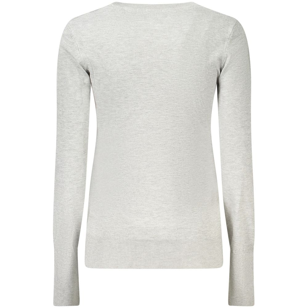 Back view of Guess Jeans Gray Viscose Women Sweater with long sleeves and crew neck, featuring stylish rhinestone details.