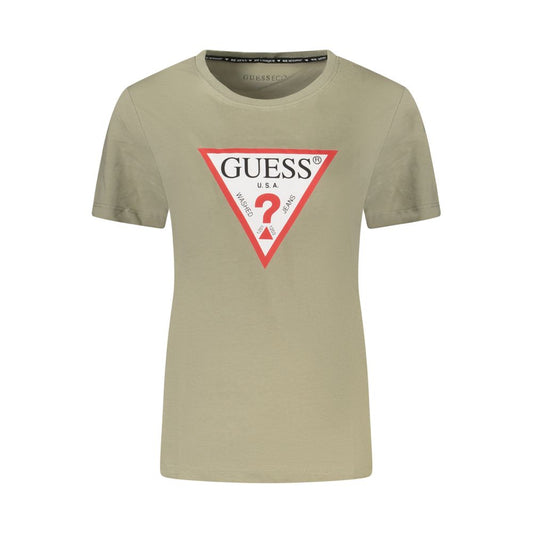 Guess Jeans Green Cotton Women T-Shirt with bold logo, sustainable organic cotton short sleeves, crew neck fashion statement.