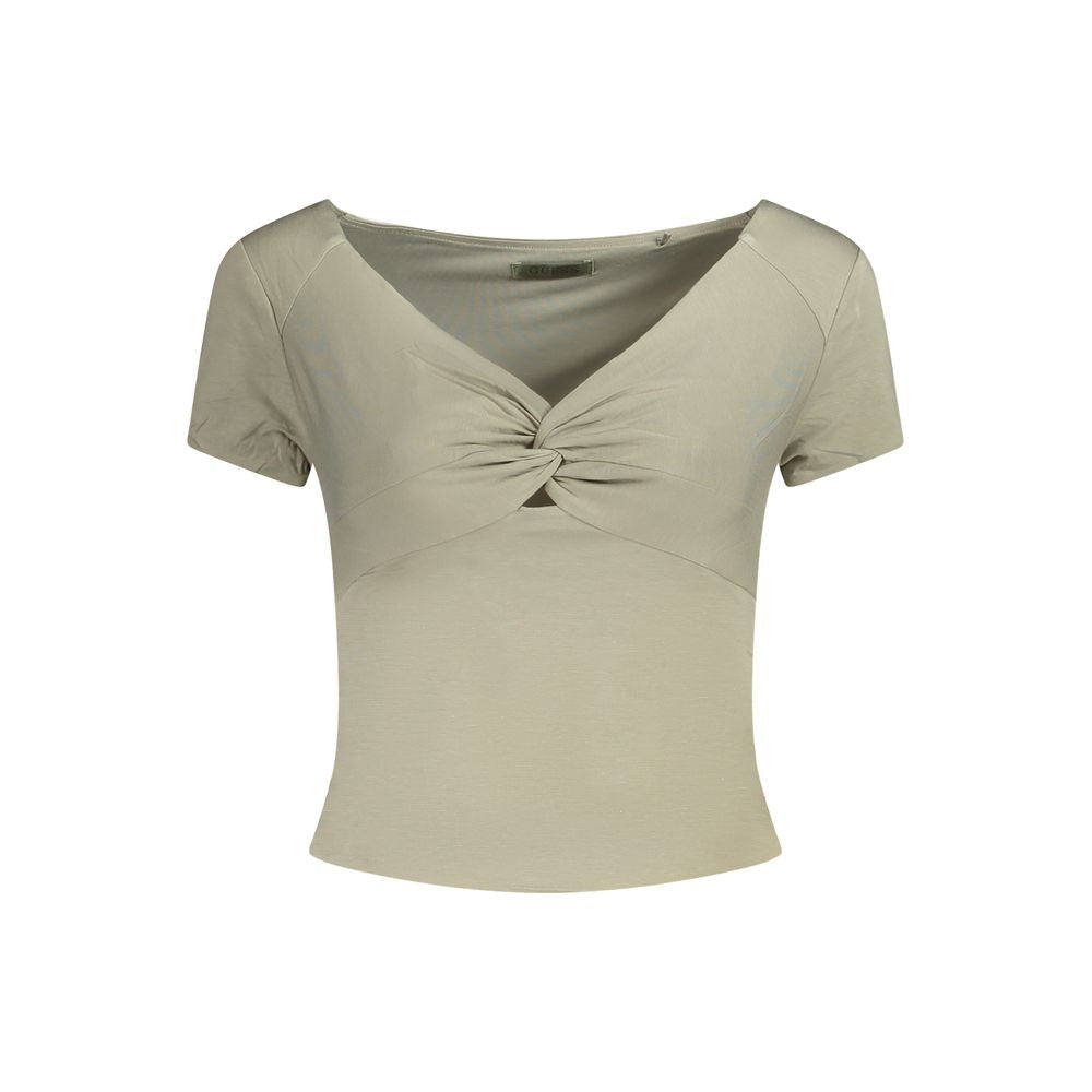 Guess Jeans Green Modal Women Top with sweet neckline and short sleeves, featuring contrasting details and iconic logo.