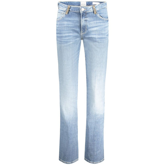 Guess Jeans Light Blue Cotton Women Jeans with rhinestone embellishments and vintage charm in a sexy straight cut, mid-rise style.