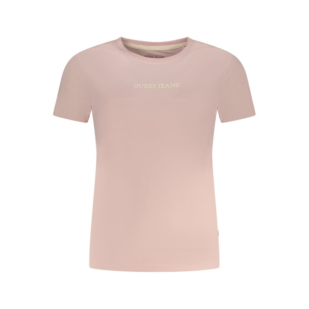 Guess Jeans Pink Cotton T-Shirt with short sleeves and crew neck, featuring a logo print on organic cotton.