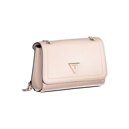 Guess Jeans Pink Polyethylene Handbag with chain shoulder handles and logo snap closure, featuring multiple compartments and pockets.