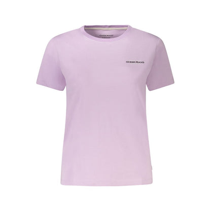 Guess Jeans Purple Cotton Women T-Shirt with iconic logo, crew neck, short sleeves, and slim fit design for bold style.