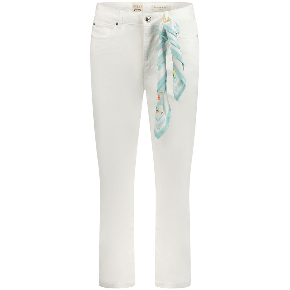 Guess Jeans White Cotton Women Skinny Jean with removable scarf detail, high-rise fit, and functional 5-pocket design for elegant style.