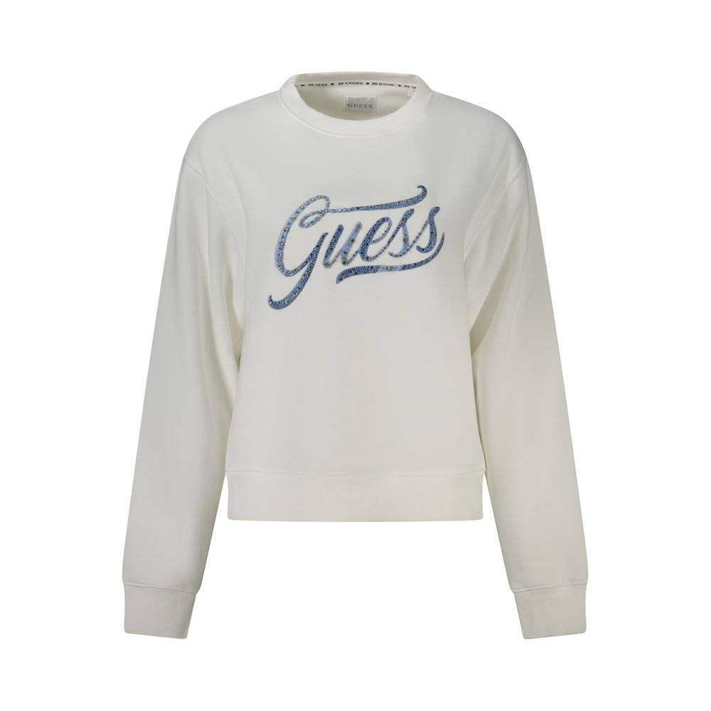 Guess Jeans White Cotton Women Sweater with rhinestones and embroidery, showcasing the Guess logo, perfect for casual chic style.