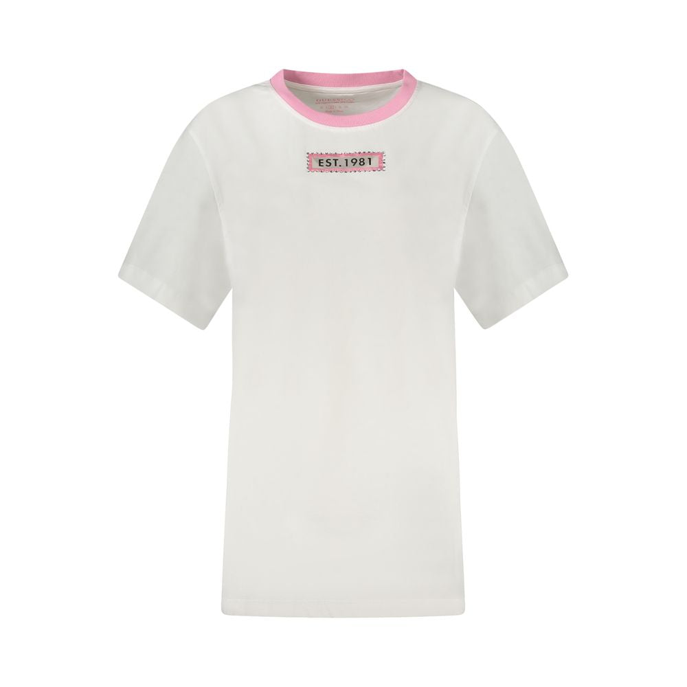 Guess Jeans White Cotton Women T-Shirt with rhinestones and pink details, eco-friendly fashion