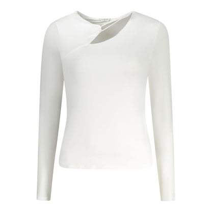 Guess Jeans White Polyester Women T-Shirt, long-sleeve crew neck with contrasting details and Guess logo, chic and sophisticated fashion.