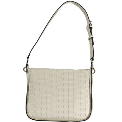 Alt Tag: Guess Jeans White Polyethylene Handbag with adjustable shoulder handle, internal pocket, and protective feet.
