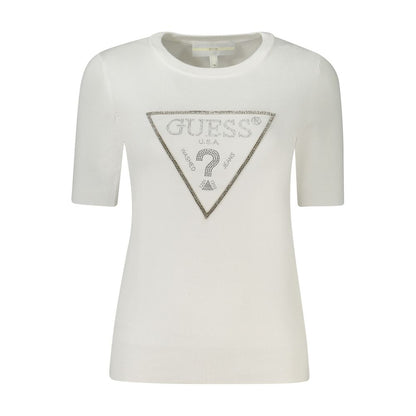 Guess Jeans White Viscose Women Sweater with rhinestone embellishments and iconic logo, front view