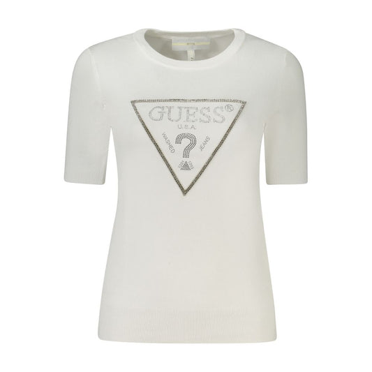 Guess Jeans White Viscose Women Sweater with rhinestone embellishments and iconic logo, front view